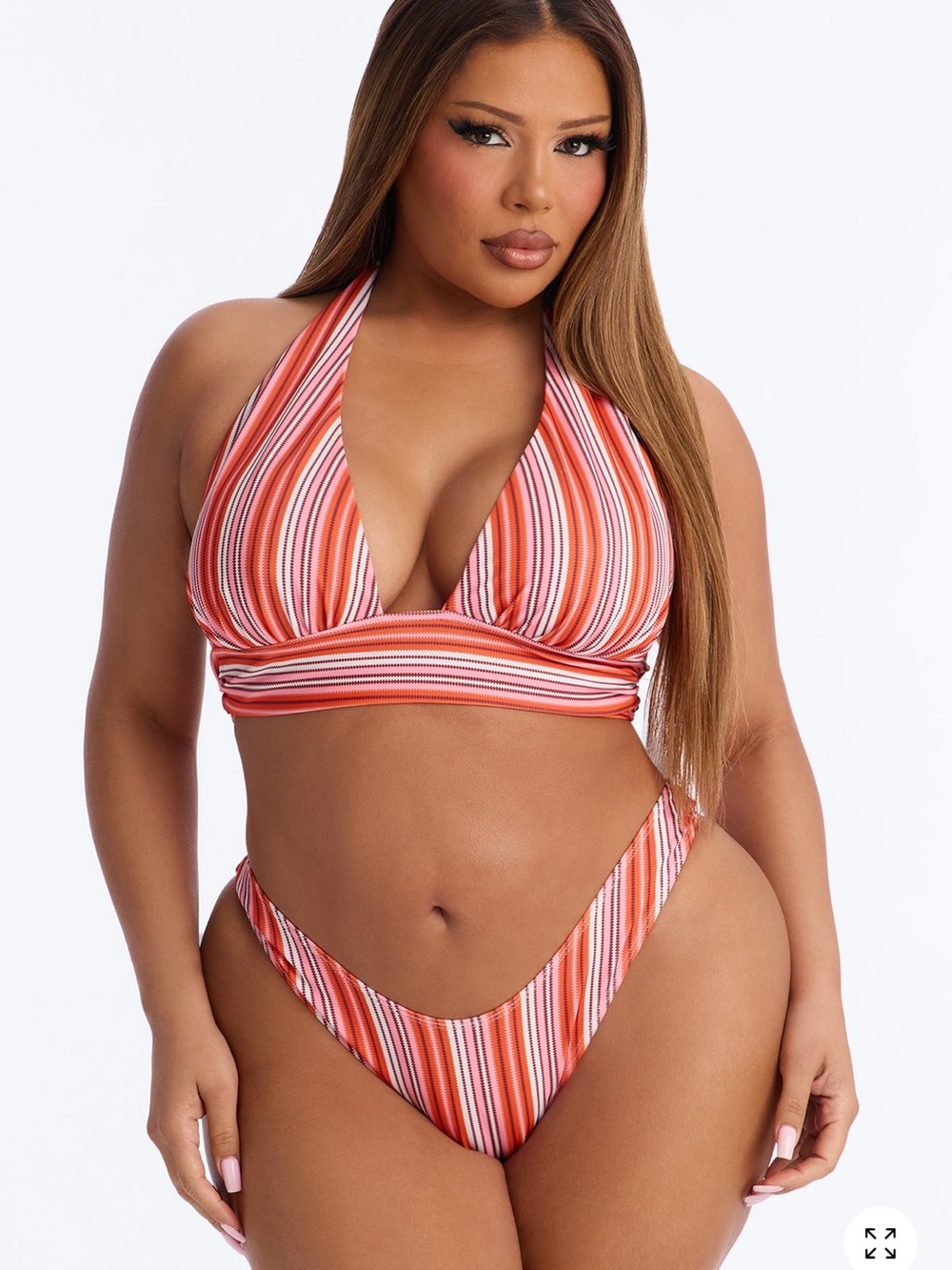 Striped Orange Halter Bikini Top and Bottom - Women Swim
